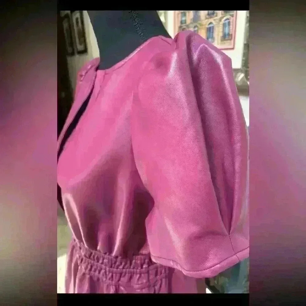 Women's Faux Leather Puff-Sleeve Dress — Bordeaux - Picture 12 of 13